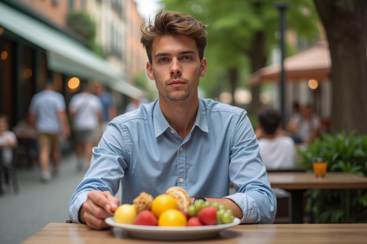 Jeune homme dégustant un bol de fruits au café en extérieur