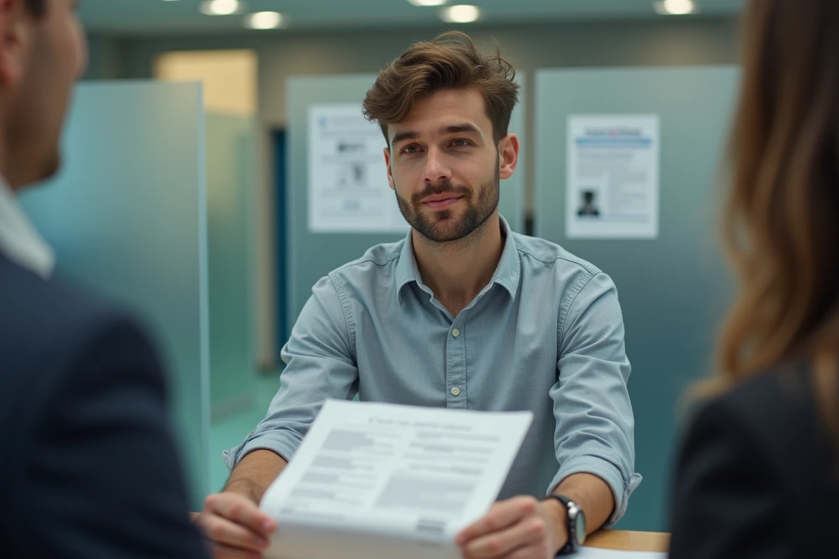 Jeune homme remettant un formulaire de carte vitale au bureau