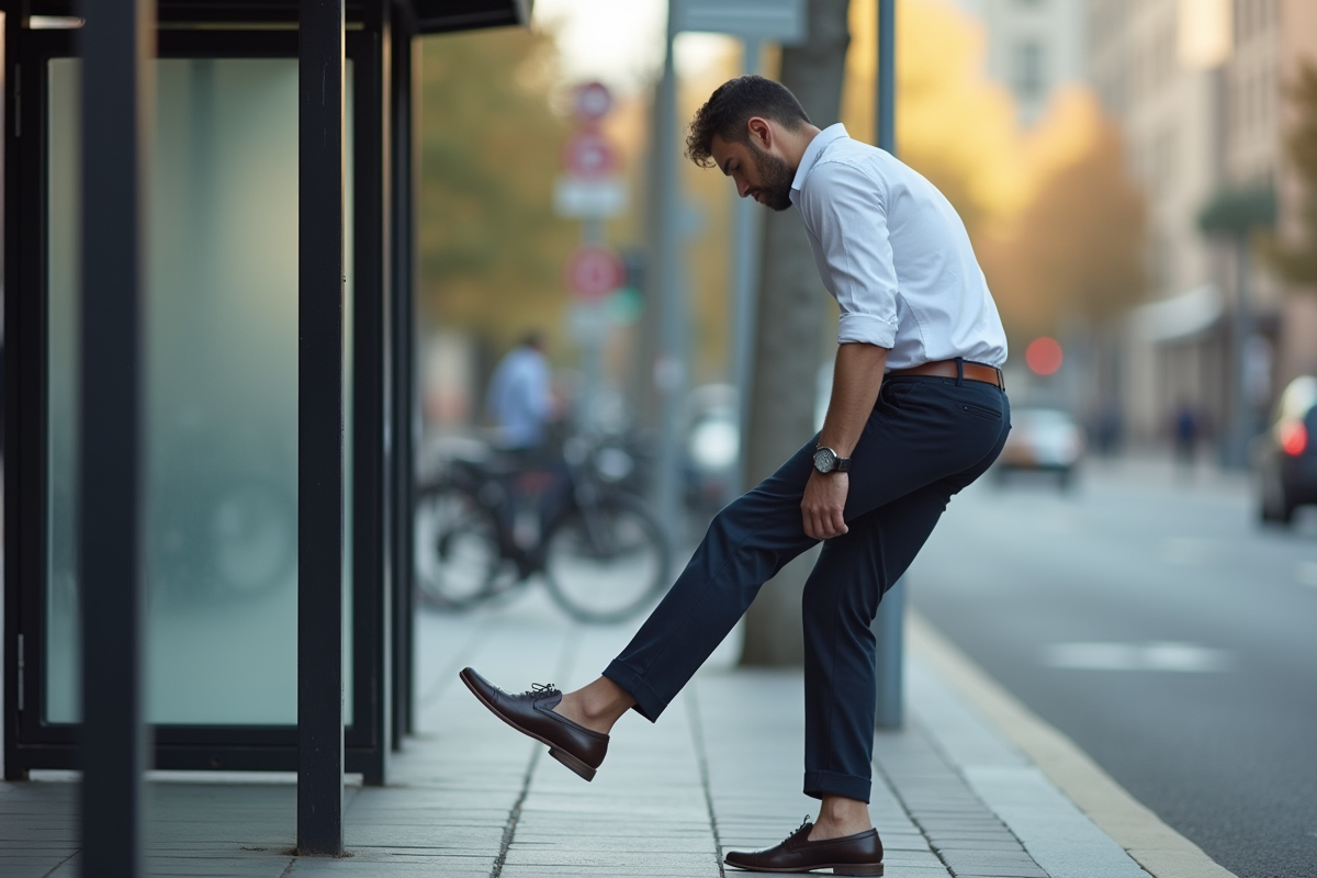 Jeune homme vérifiant son ankle au arrêt de bus urbain