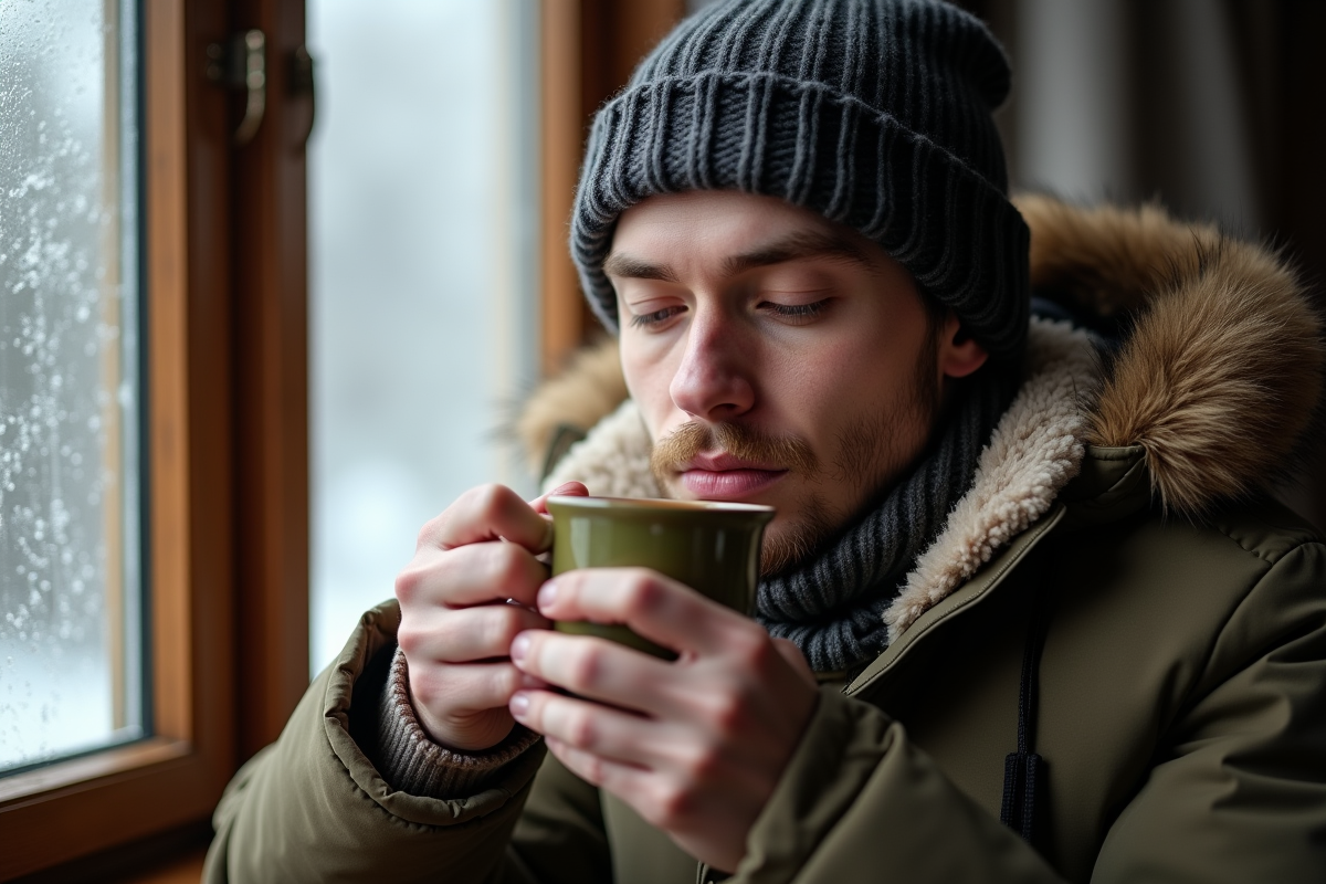 Jeune homme en intérieur tenant une tasse de thé chaud