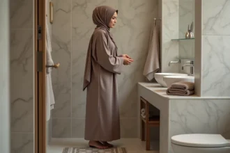 Jeune femme musulmane en ablution dans une salle de bain