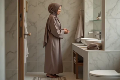 Jeune femme musulmane en ablution dans une salle de bain