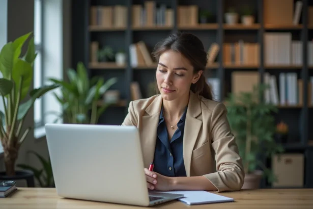 Journaliste femme en réunion avec ordinateur et notes