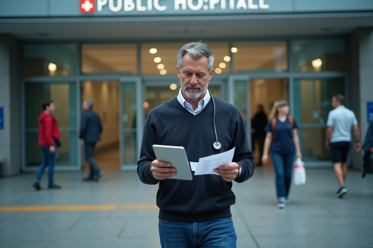 Homme journaliste devant un hôpital avec tablette
