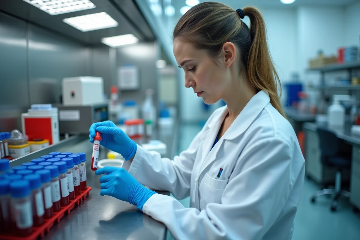 Technicienne de laboratoire manipulant des tubes d'analyses sanguines pour le dosage des marqueurs tumoraux CA 19-9