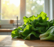 Légumes verts frais comme épinards et laitue sur un plan de travail lumineux