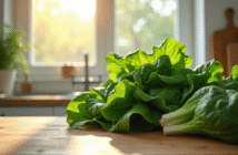 Légumes verts frais comme épinards et laitue sur un plan de travail lumineux