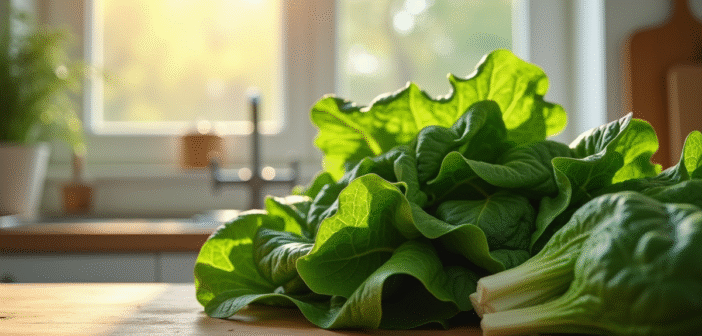 Légumes verts frais comme épinards et laitue sur un plan de travail lumineux