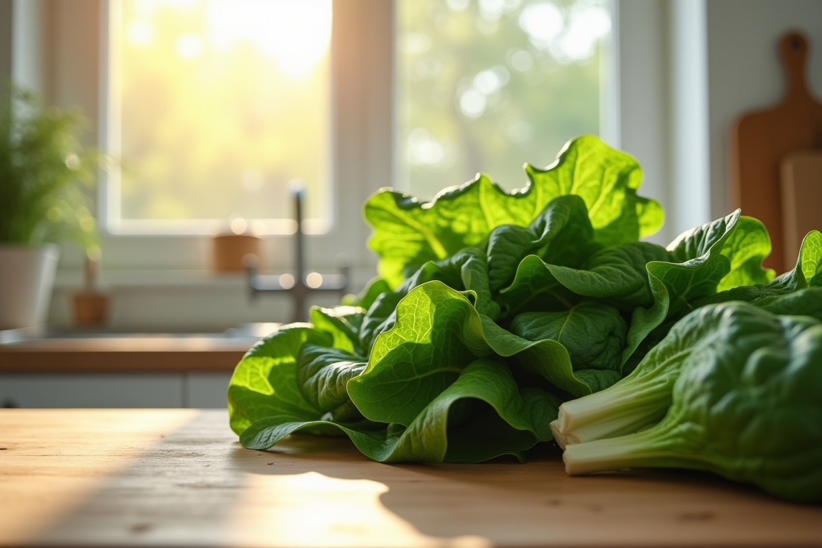 Légumes verts frais comme épinards et laitue sur un plan de travail lumineux