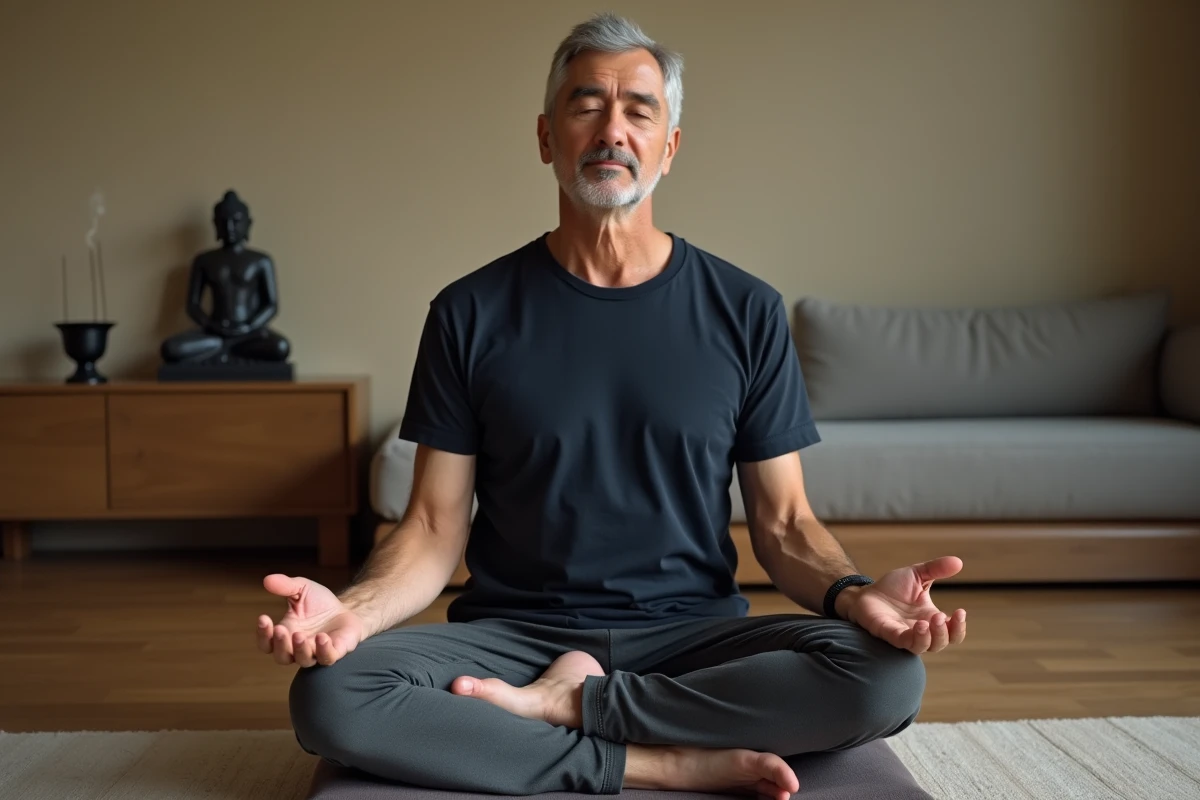 Homme en méditation avec la main droite ouverte sur le genou, évoquant une connexion spirituelle et l'interprétation des sensations dans les rêves