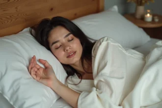Femme endormie avec la main droite qui gratte légèrement dans son sommeil, symbolisant une interprétation spirituelle d'un rêve