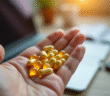 Main ouverte tenant une pilule de vitamine B12 jaune