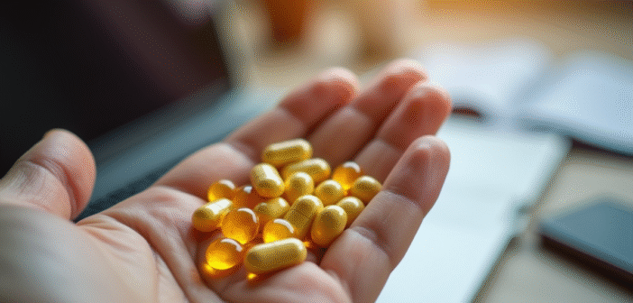 Main ouverte tenant une pilule de vitamine B12 jaune
