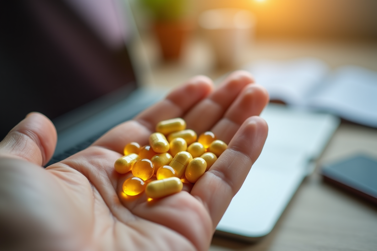 Main ouverte tenant une pilule de vitamine B12 jaune
