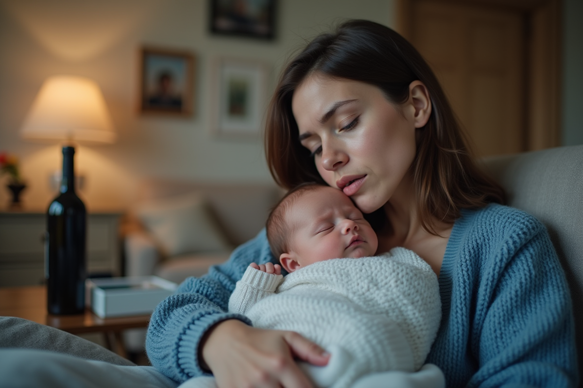 Maman tenant son bébé endormi dans un salon familial chaleureux
