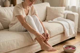 Femme massant son pied sur un canapé blanc dans un intérieur cosy inspiré du spa à domicile