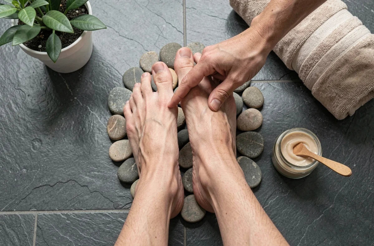 Vue du dessus de pieds nus sur un tapis de galets avec crème et accessoires de soin, ambiance spa