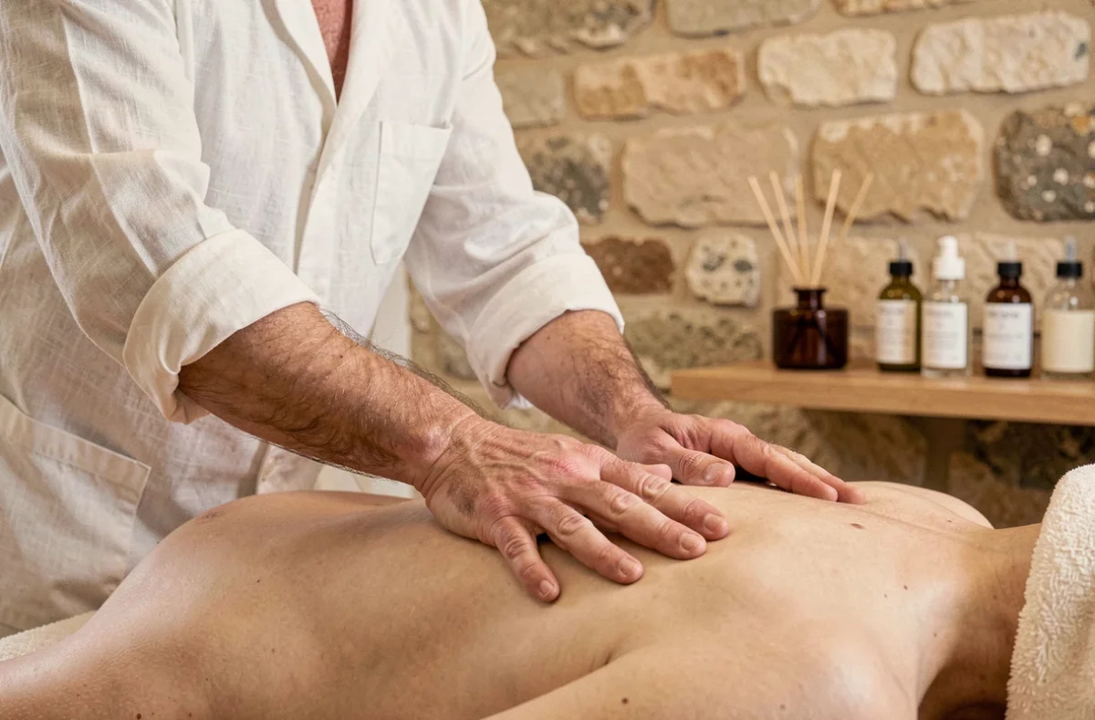 Mains d'un thérapeute réalisant un massage professionnel dans un institut bien-être du centre de Toulouse