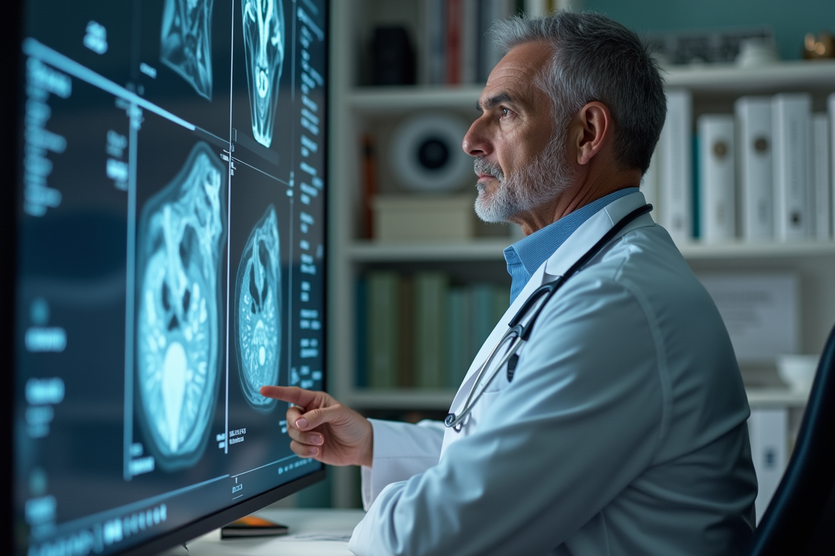 Medecin examinant des scans MRI dans son bureau