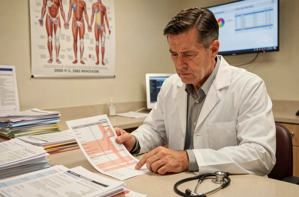 Médecin examinant des résultats d'analyse sanguine montrant un taux de potassium bas dans un cabinet hospitalier