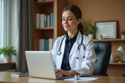 Médecin généraliste en cabinet libéral consultant un logiciel médical sur ordinateur portable