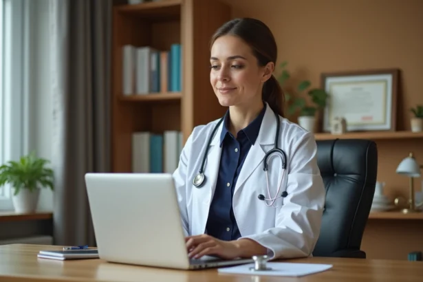 Médecin généraliste en cabinet libéral consultant un logiciel médical sur ordinateur portable