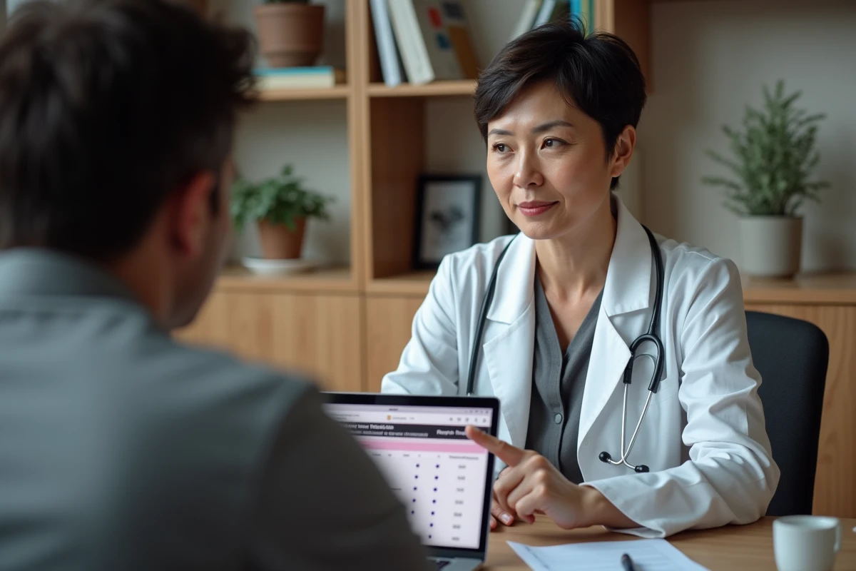 Médecin généraliste expliquant à un patient les résultats d'une analyse de sang montrant les valeurs de la gamma-glutamyl transférase en lien avec la consommation d'alcool