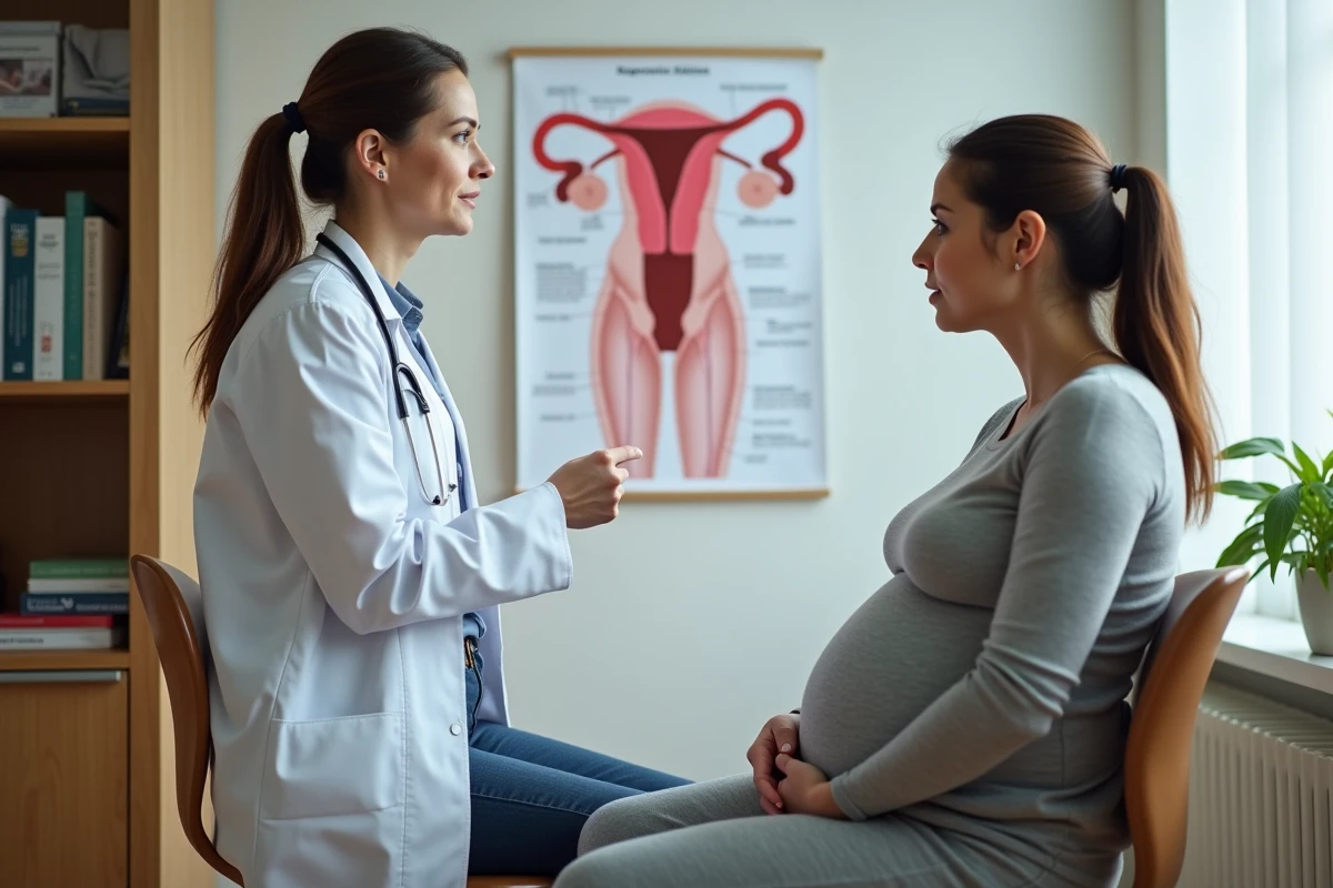 Médecin gynécologue expliquant un schéma des ovaires à une patiente enceinte lors d'une consultation médicale