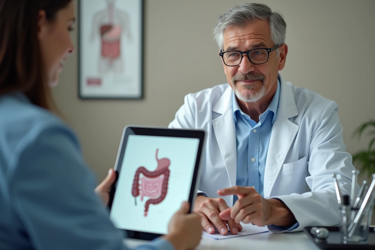 Médecin expliquant un schéma anatomique digestif à un patient lors d'une consultation médicale