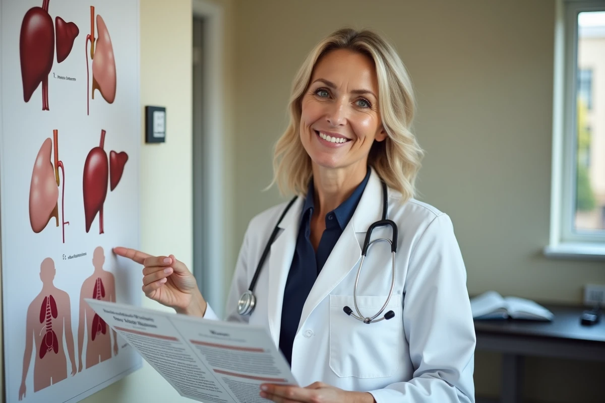Une médecin expliquant les différences de métabolisme de l'alcool entre hommes et femmes devant un poster anatomique dans un cabinet médical