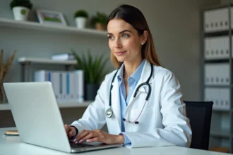Médecin femme en blouse blanche travaillant sur un ordinateur