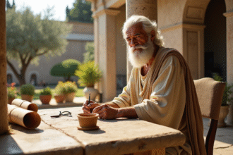 Médecin grec ancien en robes antiques dans un cour intérieur