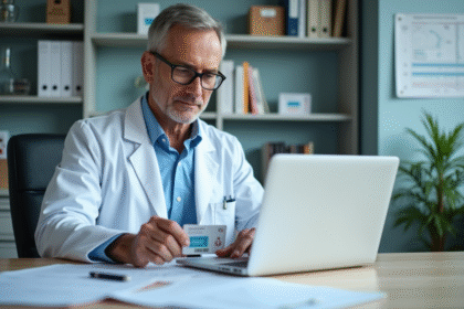 Médecin en laboratoire hospitalier avec documents et cartes RPPS