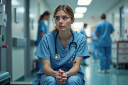 Medecin femme en urgence hospitalière en scrubs bleus