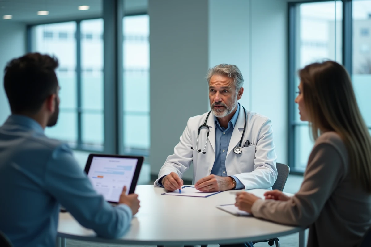Médecin discutant de solutions numériques de santé avec un représentant de startup lors d'une réunion dans un hub d'innovation médicale