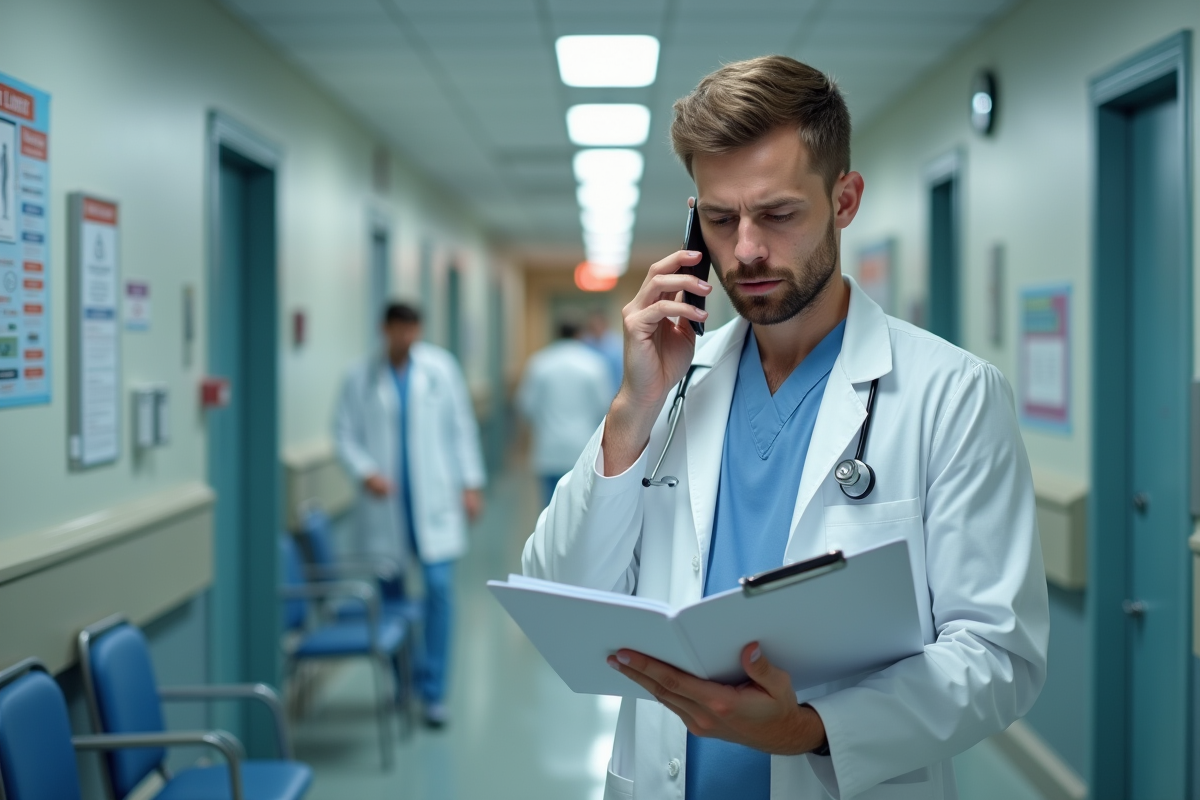 Jeune médecin en blouse blanche parle au téléphone dans un couloir hospitalier