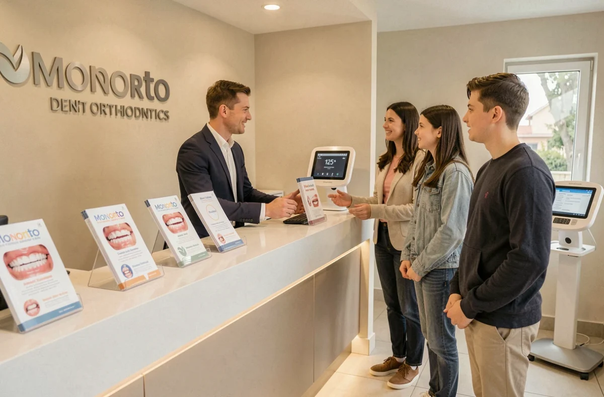Accueil familial au centre Monorto Dentaire et d'Orthodontie de Corbeil-Essonnes avec réceptionniste et brochures orthodontiques