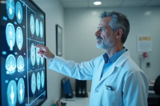 Neurochirurgien expérimenté en blouse blanche analysant des IRM cérébraux dans une salle de consultation hospitalière moderne à Tours