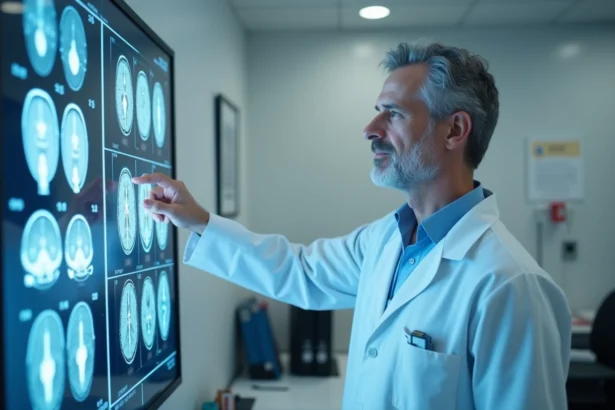 Neurochirurgien expérimenté en blouse blanche analysant des IRM cérébraux dans une salle de consultation hospitalière moderne à Tours