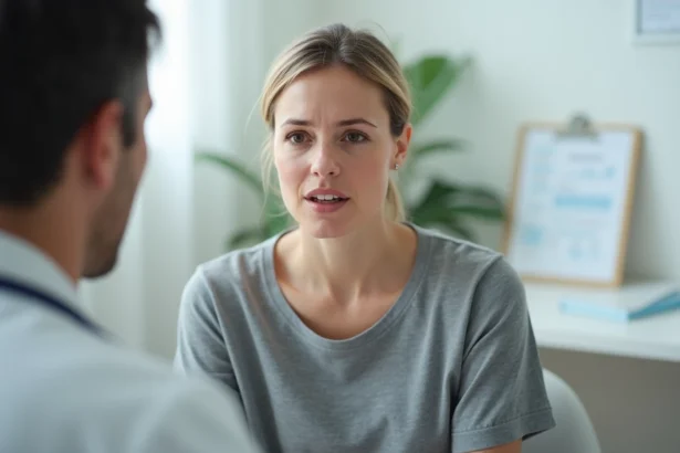 Femme en consultation médicale avec une lèvre gonflée évoquant un œdème de Quincke lié à une allergie alimentaire