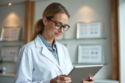 Opticienne consultant un dossier de prise en charge patient sur une tablette dans une boutique d'optique moderne