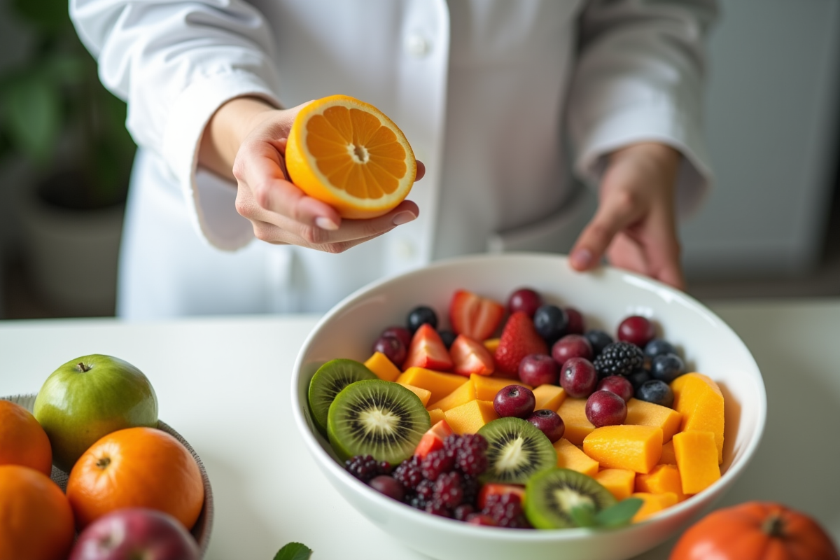 Main d’un nutritionniste tenant une orange tranchee dans une cuisine lumineuse