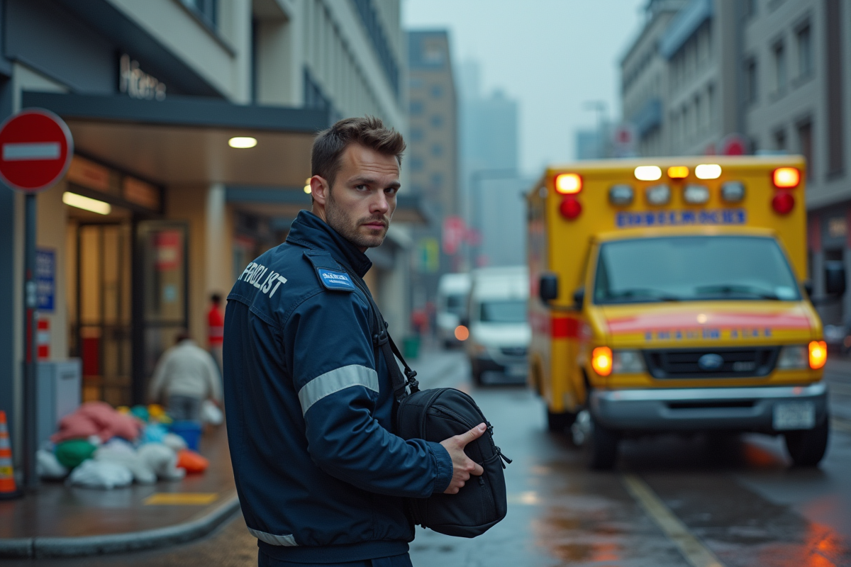 Jeune paramedic devant ambulance en ville