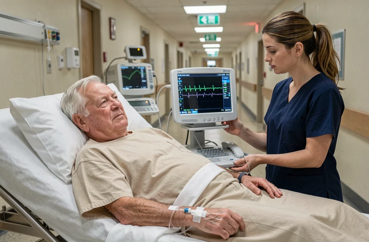 Patient âgé aux urgences sous perfusion avec surveillance cardiaque suite à une hypokaliémie sévère