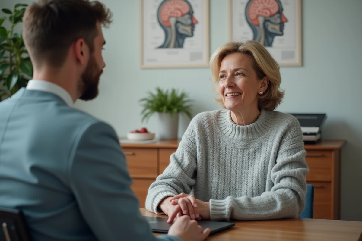 Patiente en consultation avec un neurochirurgien spécialisé dans une clinique privée à Tours, échange médical rassurant