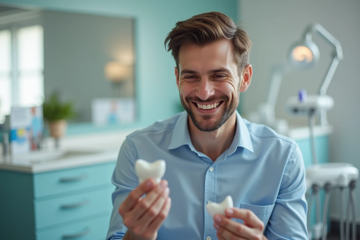 Jeune patient souriant examinant sa couronne dentaire en résine