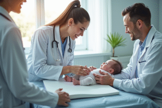 Pediatre examinant un nourrisson dans un cabinet lumineux