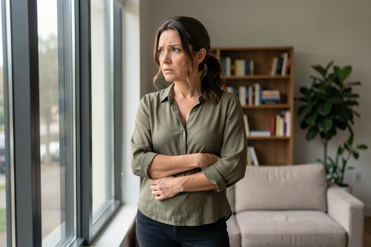 Femme debout près d'une fenêtre dans un cabinet de thérapie, bras croisés sur l'abdomen, exprimant la peur et l'introspection liées au stress chronique et aux troubles digestifs
