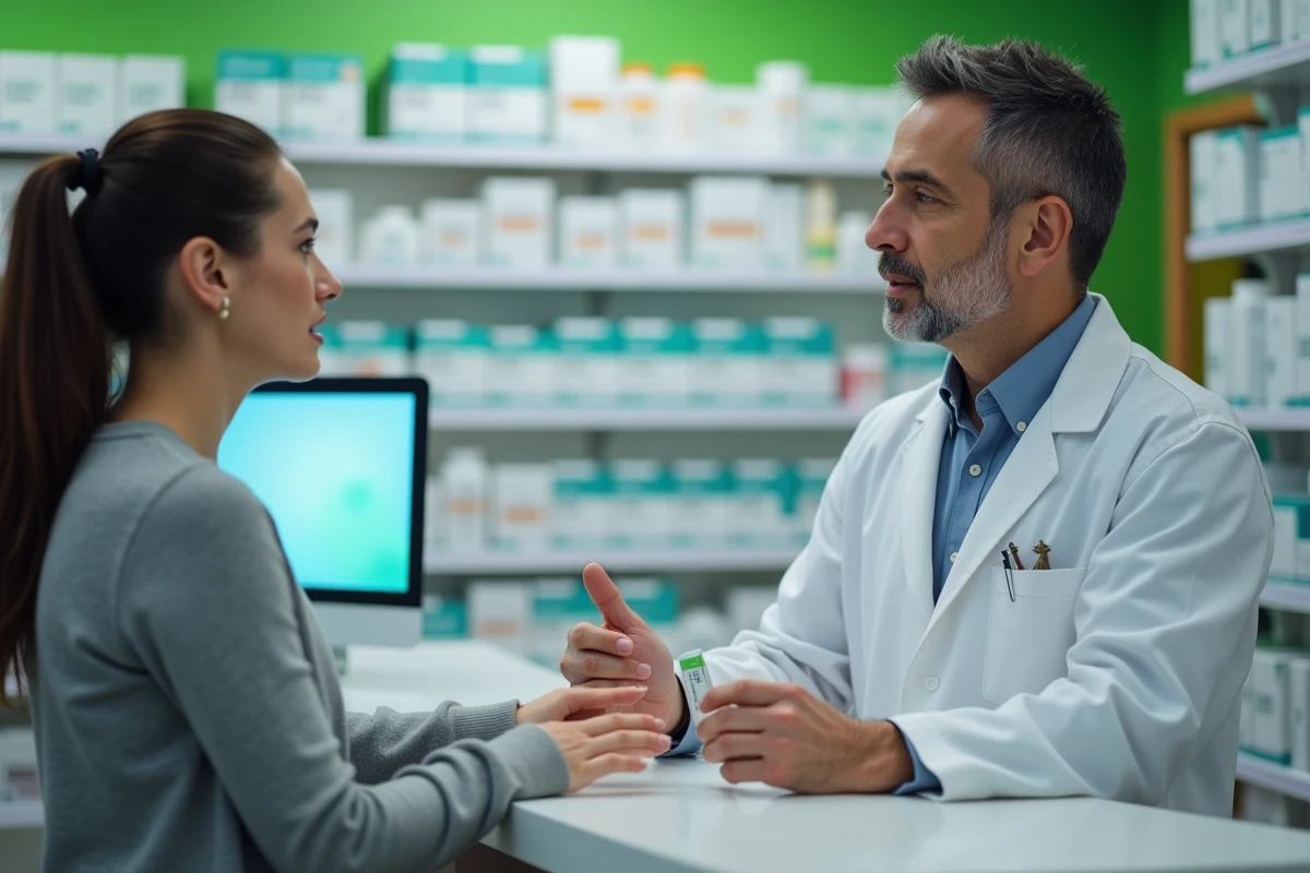 Pharmacien conseillant une patiente sur le traitement antihistaminique contre une réaction allergique et l'œdème de Quincke