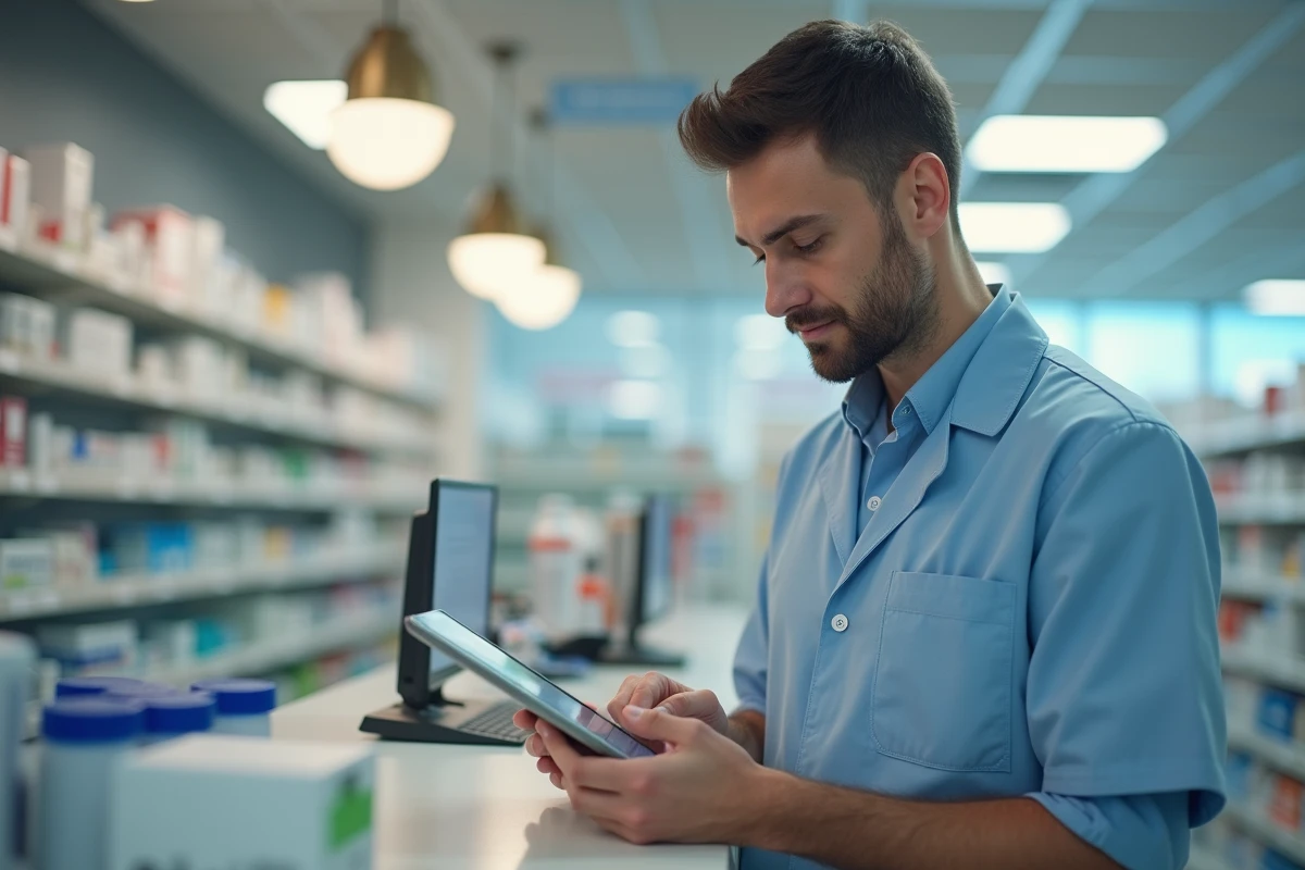 Pharmacien homme vérifiant un email sur une tablette en pharmacie